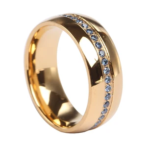 Tizti 8MM Dome Gold Plated Diamond CZ Men Wedding Ring Wholesale Stainless Steel Titanium Jewelry Black Zrconium Rings