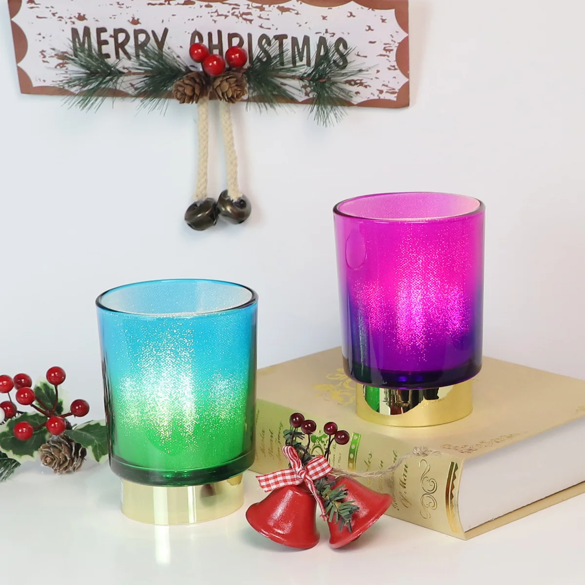 Battery operated handmade colored glass flameless candle light led desk bedroom bedside table decor lamp night light