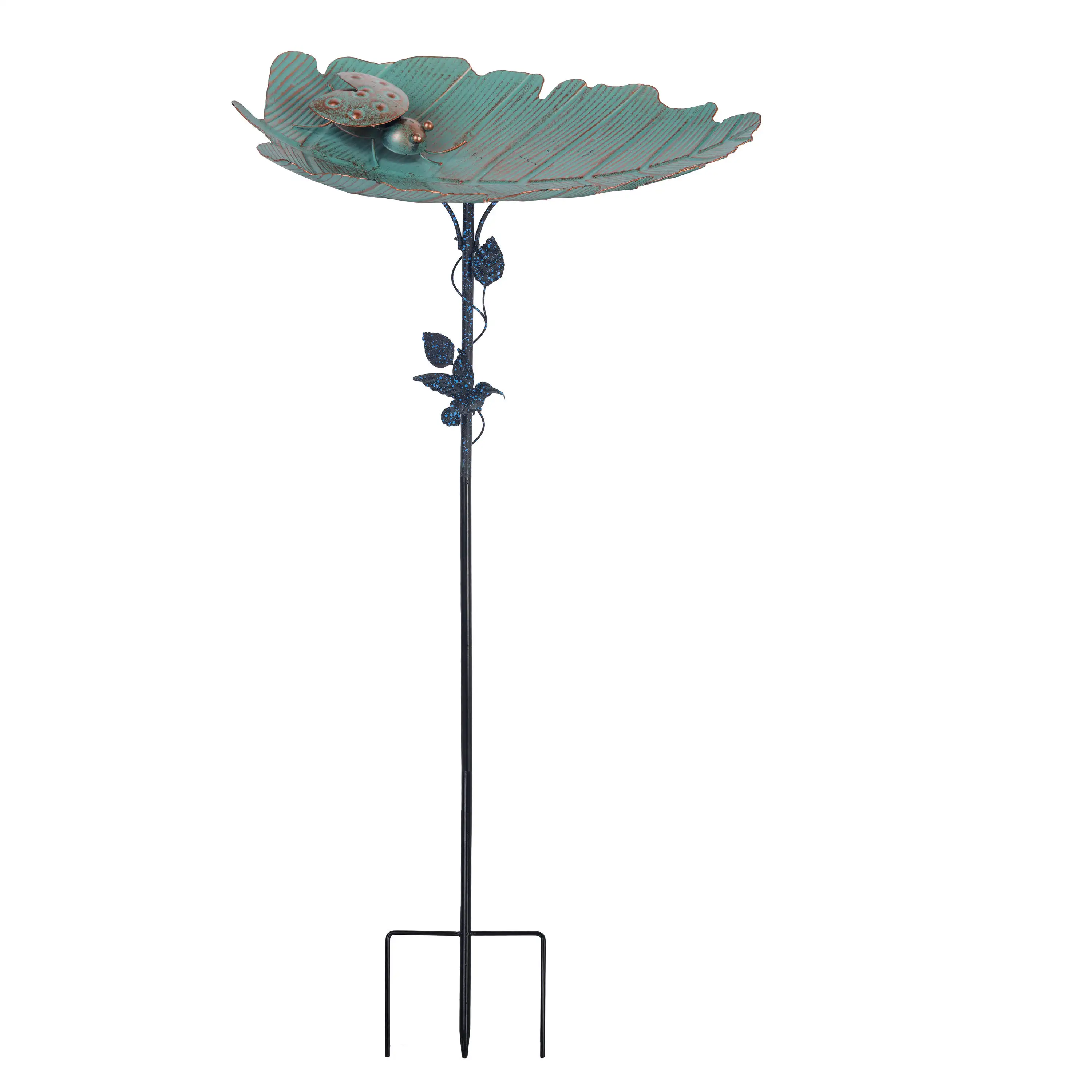 Green Leaf Ladybug Carved Metal Bird Bath, Pole Inserted Bird Bath  for Outdoor  Courtyard