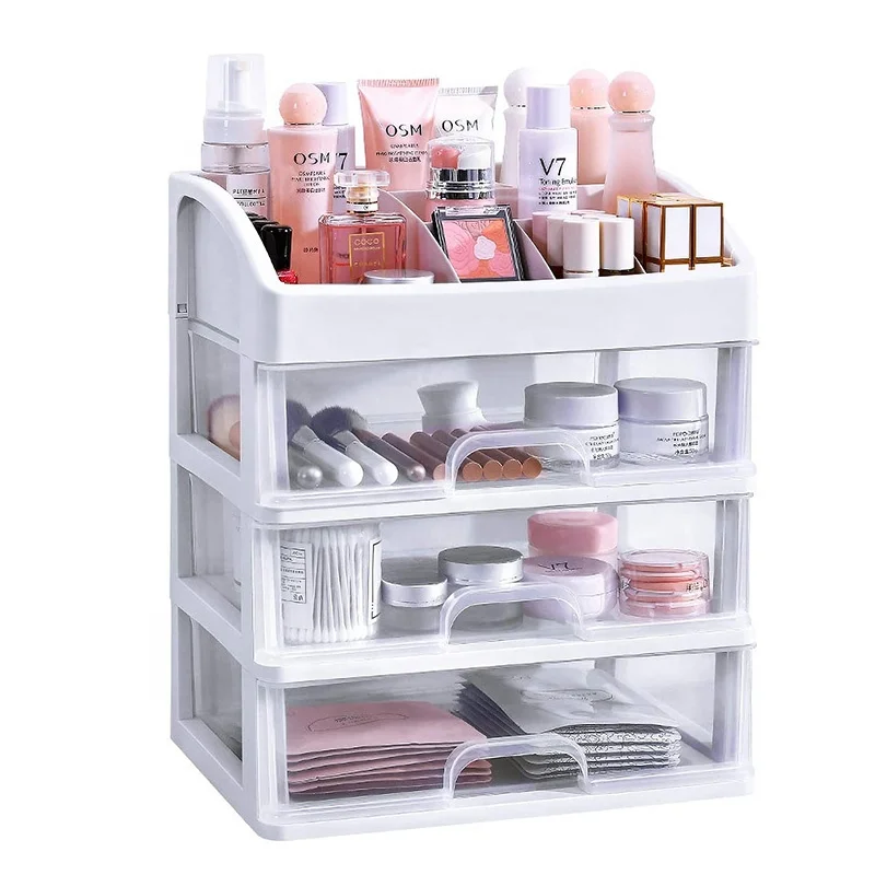 Недорогая пластиковая столешница для хранения косметики, органайзер для макияжа с 3 ящиками для косметических кистей, ногтей, помады и ювелирных изделий