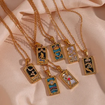 Trendy Square Colorful Enamel Zircon Tarot Cards Pendant Necklace 18K Gold Plated Stainless Steel Necklaces For Women