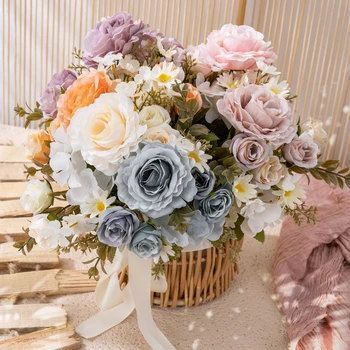 Artificial Faking Rose Mini Chrysanthemum Flower Bouquet With 7 Branches Plastic Plant For Wedding Bridal Decoration