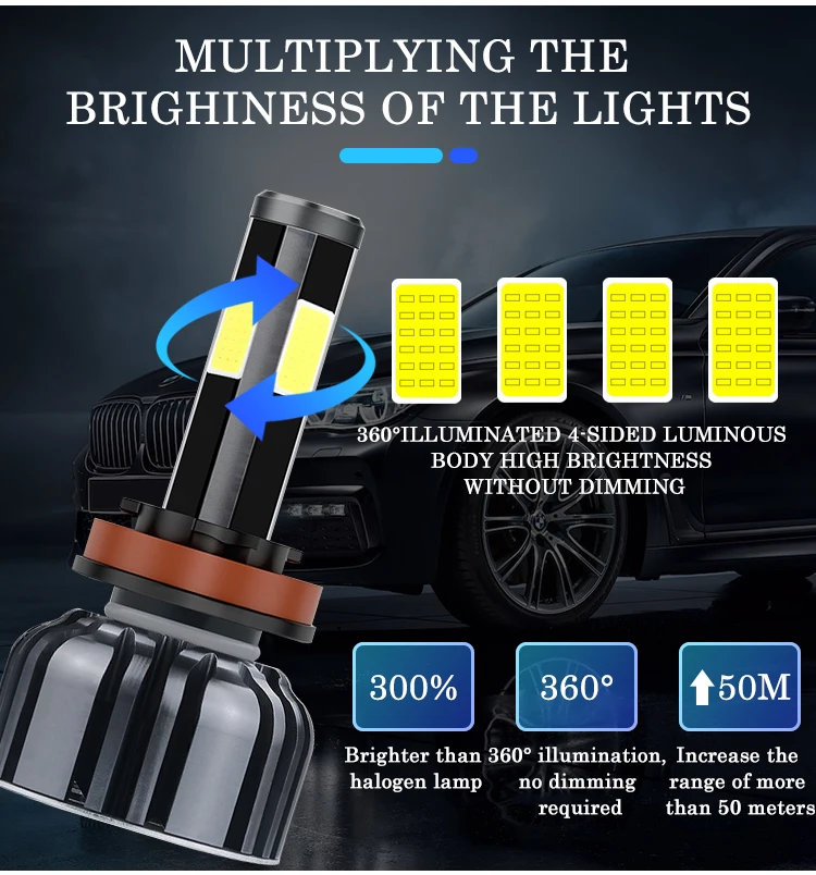 Pel Auto Led Lighting System 4sided Led Headlights H4 H1 H11 9005 9006