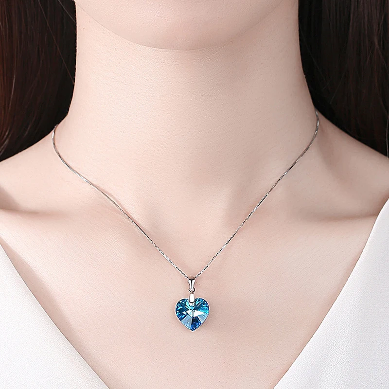 Women Crystal Love Heart Necklace 925 Sterling Silver Heart Of Ocean