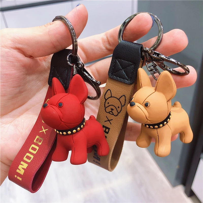 Cute Punk French Bulldog Keychains Pu Leather Dog Key Ring For