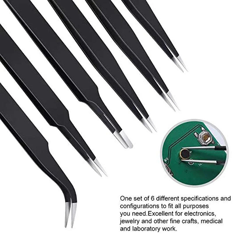 Japard 6PCS Precision Tweezers Set Anti-Static Curved Flat Stainless Steel Antiseptic ESD Electronics Design Work Handcraft 