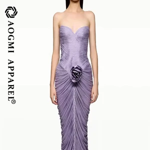 High-End Custom Fashion Ladies New Women's Off-The-Shoulder Ruffled 3D Flower Maxi Satin Sheath Gown Elegant Summer Clothing