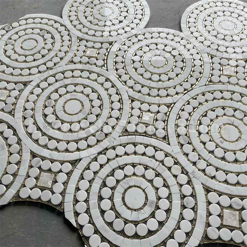 Waterjet Stone Mosaic Calacatta Gold Marble and Glass Penny Round Tiles ...