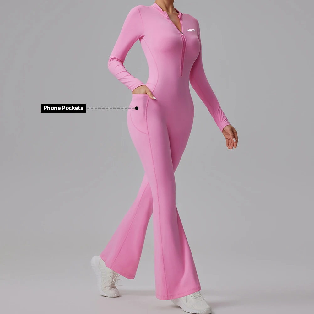 Custom Nylon Gym Fitness Set One Piece Yoga Wear Front Zipper Sportswear Women Jumpsuit and Rompers Bodysuits