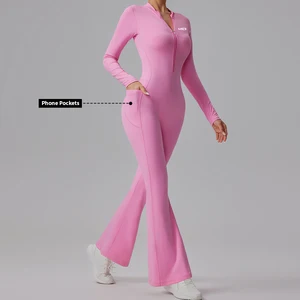 Custom Nylon Gym Fitness Set One Piece Yoga Wear Front Zipper Sportswear Women Jumpsuit and Rompers Bodysuits