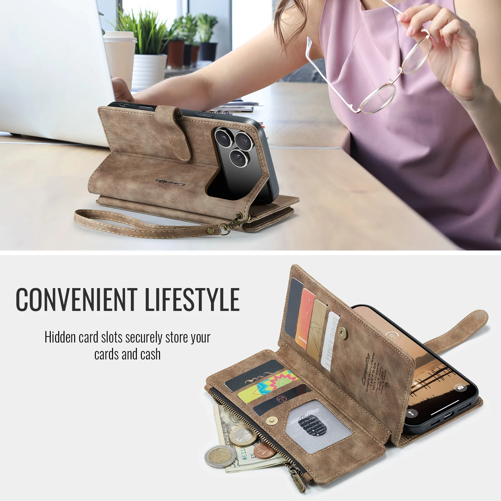 10 Card Slots Stand Magnetic Polyurethane Flip Leather Wallet Phone Case, Suitable For IPhone 17 Air_voghion.com