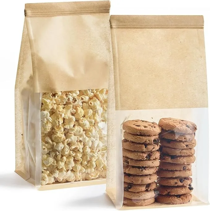 Custom Brown Paper Bakery Packaging Bag Bread Loaf bagel Toast Cookie Tin Tie Tab Lock Treat Bags Kraft Paper Window bag