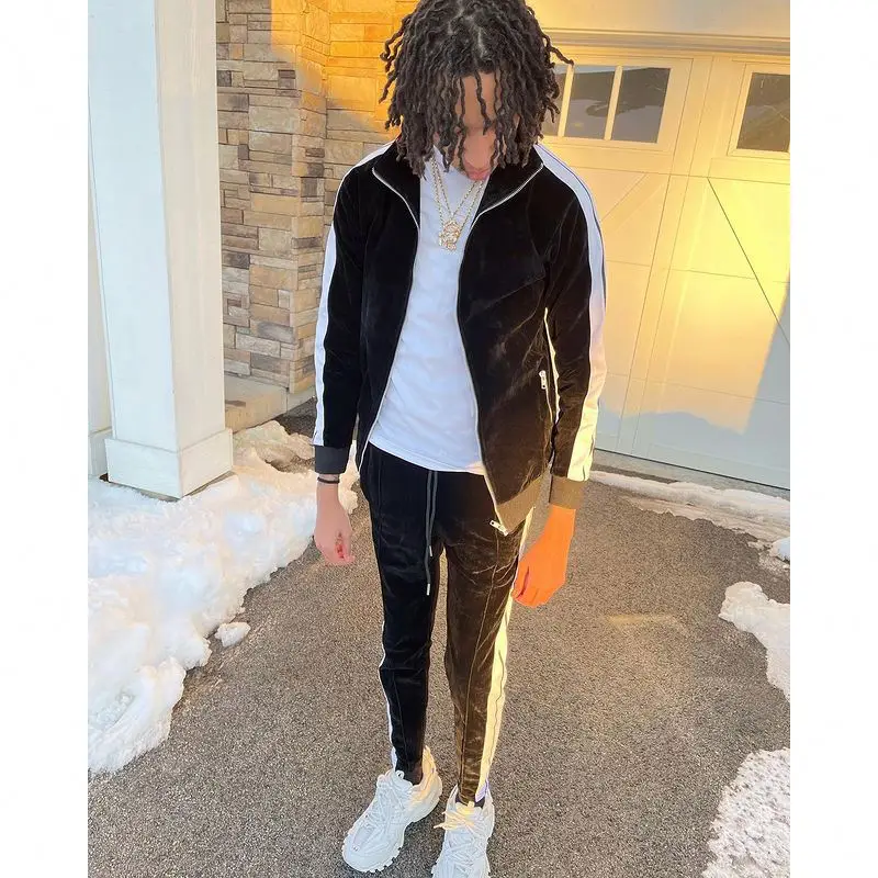 Private Label Sportswear Jogging Suit Side Stripe Plain Zipper Slim Fit Velvet Velour Tracksuit Men gallery 3