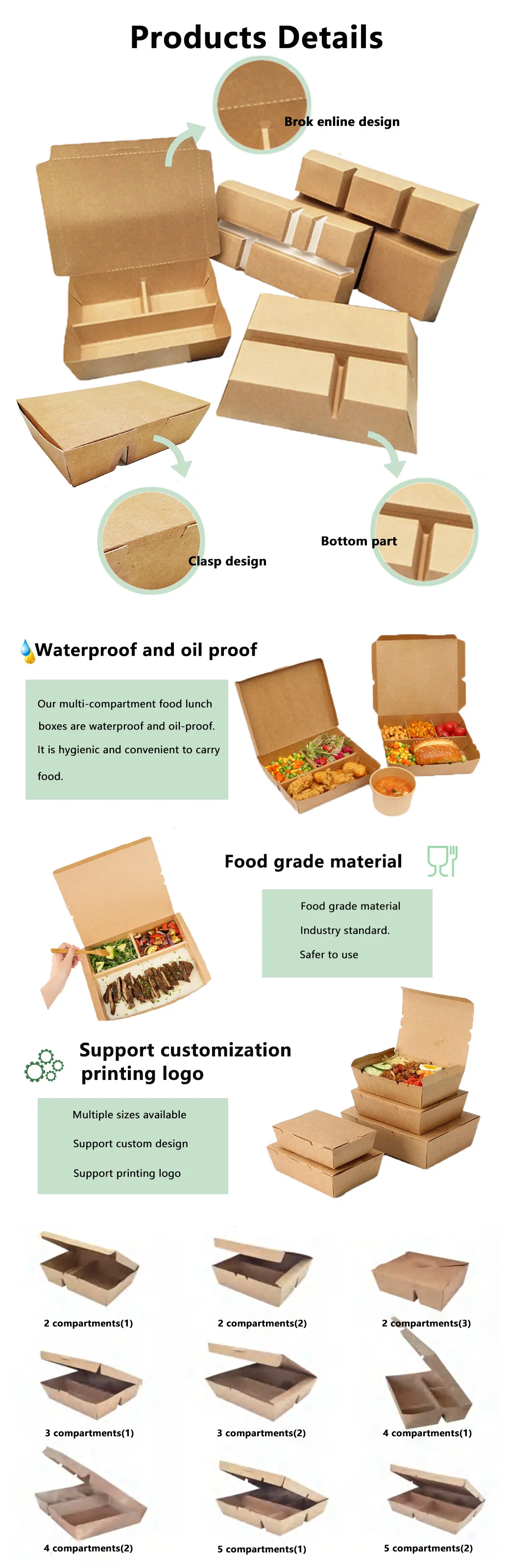 Customized Cardboard Take Out Box Eco Friendly Disposable 3 Compartment