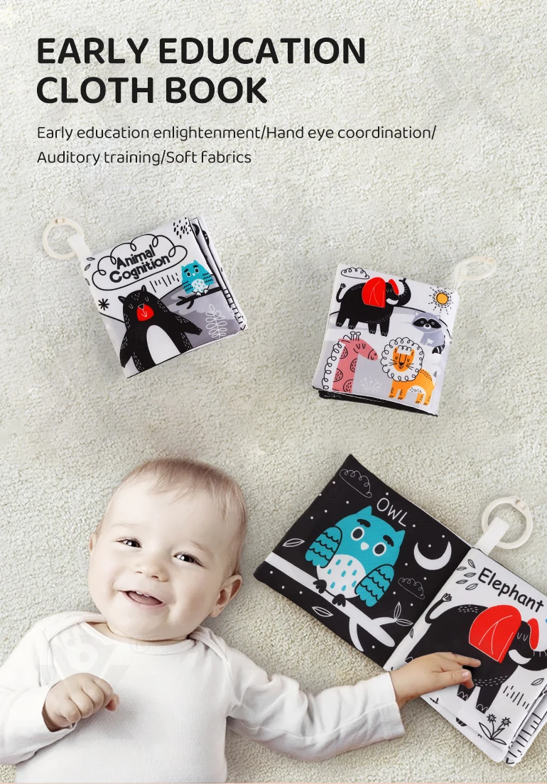 Chengji high quality washable soft baby cloth book early education toys fabric black and white animal cloth book