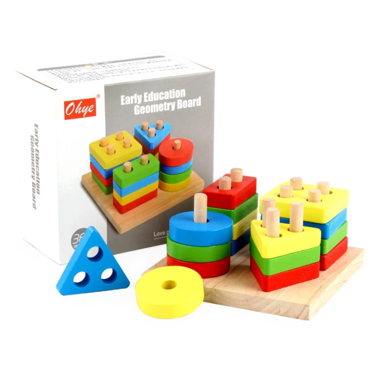 Wooden Geometric Shape Building Blocks Puzzle Montessori Educational Toys 