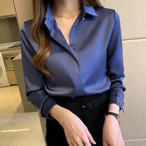 High Quality Ladies Fashion Plus Size Women's Blouses Satin White Long Sleeve Blouse for Women