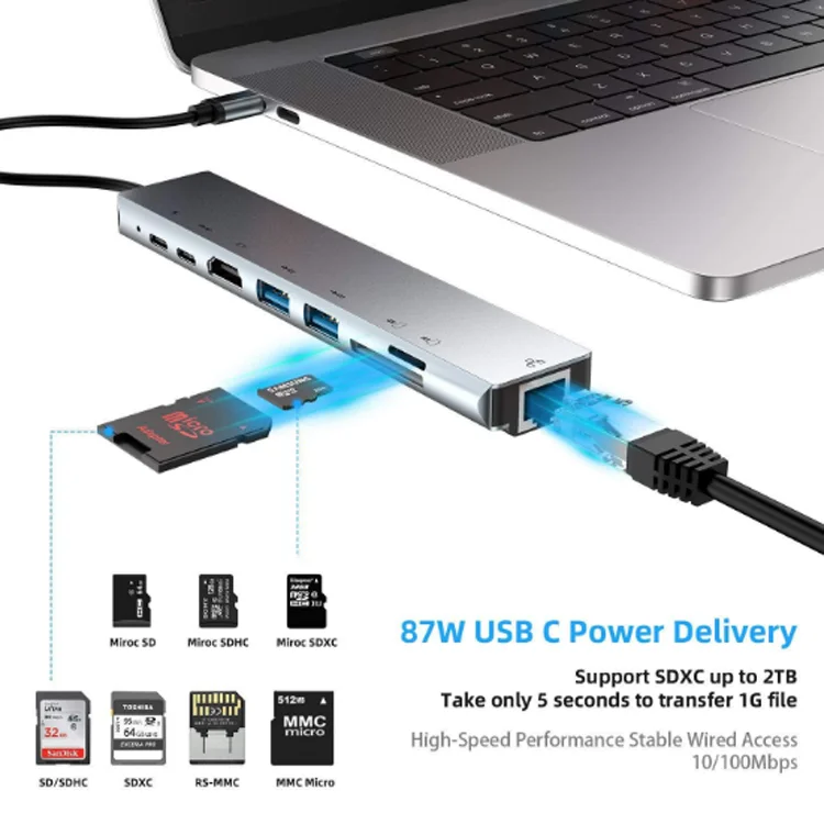 8 in 1 USB C Hub - Versatile Adapter for Laptop & HDTV
