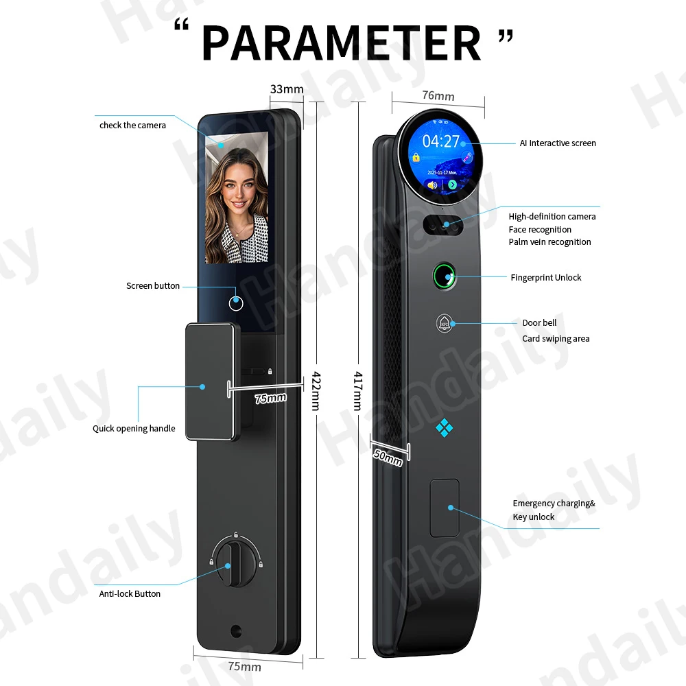HanDaily 2025 Neu Handvenen-KI-Smartlock für Haustür Gesichtserkennung Fingerabdruck Video-Türsprechanlage Digitalschloss mit Kamera A20