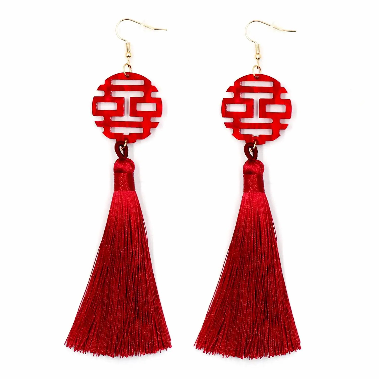 ZSHER2517 Vintage Drop Earrings New Chinese Bride Acrylic Red Double Happiness Antique Simple Tassel for Gifts