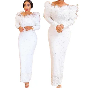 Customize Latest Arrival White Party Dress Off-Shoulder SlimTight Nail Bead Long Sleeve Lace Pleat Elegant Evening Dresses