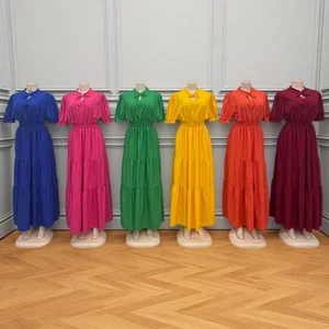 Summer New Round Neck Short Sleeve Wrinkle Bow High Waist Solid Color Women's Dress