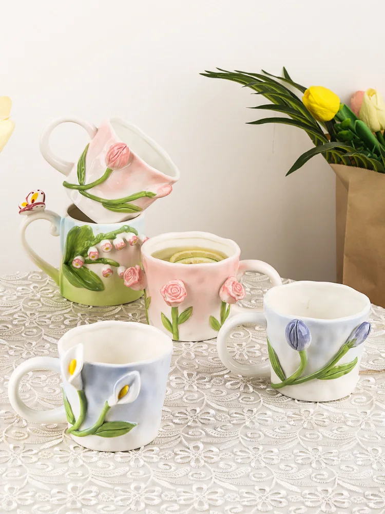 1pc Creative Tulip Ceramic Mug With 3d Relief Flower Design For  Coffee/tea/milk, Office/home Use