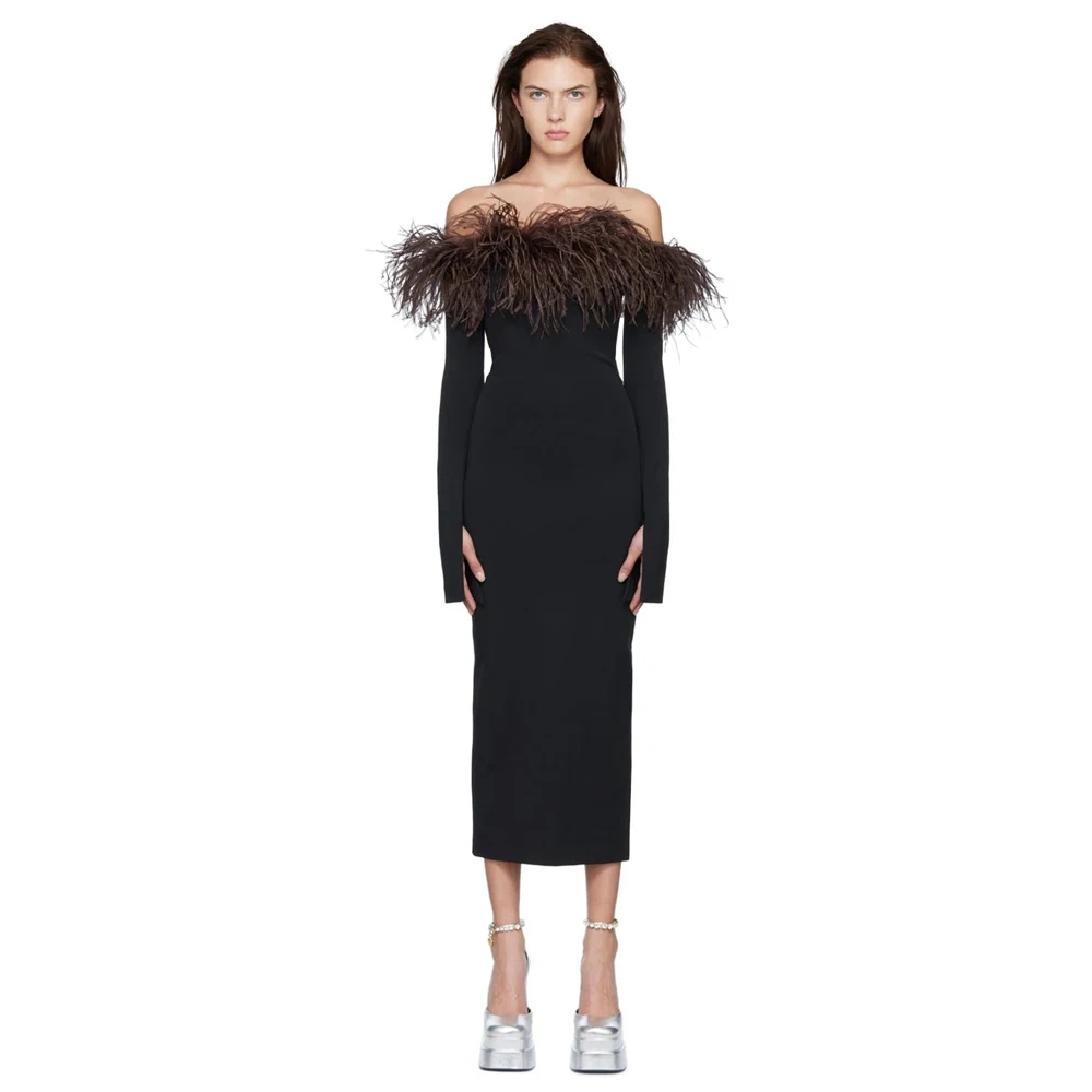 Long Sleeve Off the Shoulder Feather Bandage Dress Midi Length Women  Elegant Dresses| Alibaba.com