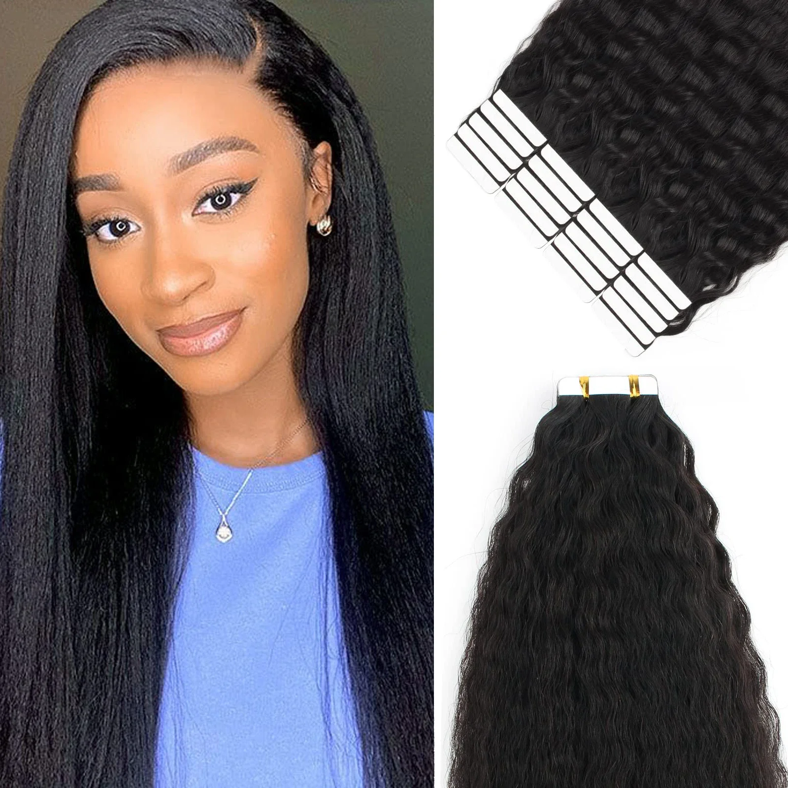 Kinky Straight Tape In Hair Extensions 100 Human Hair Remy 20Pcs Natural Color Skin Weft Tape In Extension_voghion.com