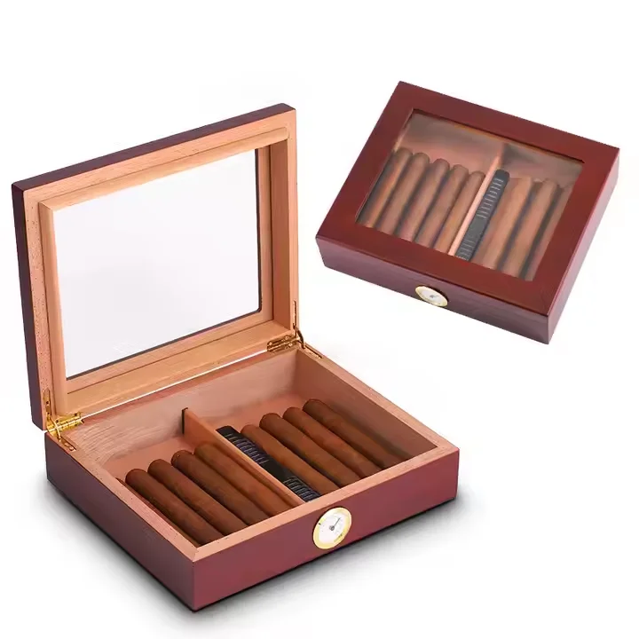 202412 Custom Wooden Cedar Cigar Boxes with Hygrometer Lock Cabinet Wholesale Wooden Luxury Zipper Display Storage Cigar Box
