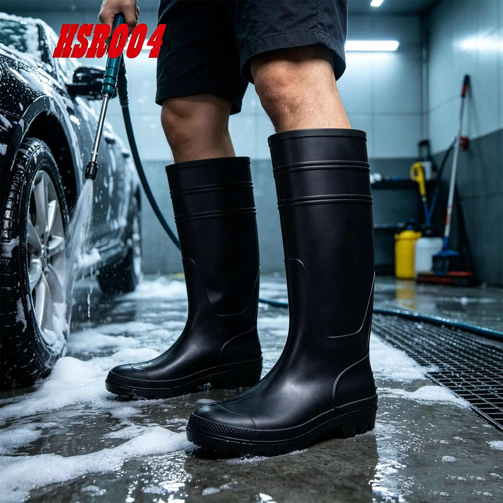 ZYF,Rivulet Crossing Tall Shaft Silhouette Water Proof PVC Rain Boots Poultry Farming Mud Resistant Black Garden Boots HSR004