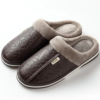 Quality Guaranteed Indoor Home Warm Fluffy Pu Leather Slippers Non Slip Slide Shoes For Male