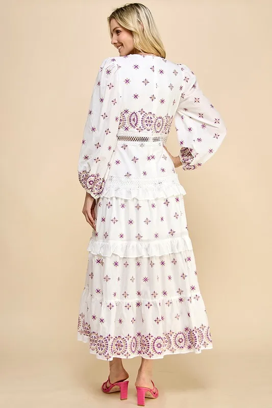 Autumn Long 100% Cotton Dress With Embroidered Lace And Ruffled Edges Natural Waistline Woven Weaving Method - Image 5