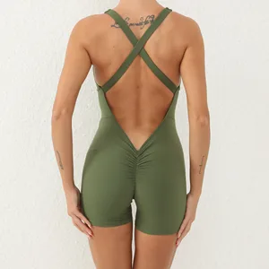 Wholesale Women Nude Sports One Pieces Playsuits Naked Sexy Back Shorts Quick Drying Breathable Running Yoga Jumpsuits