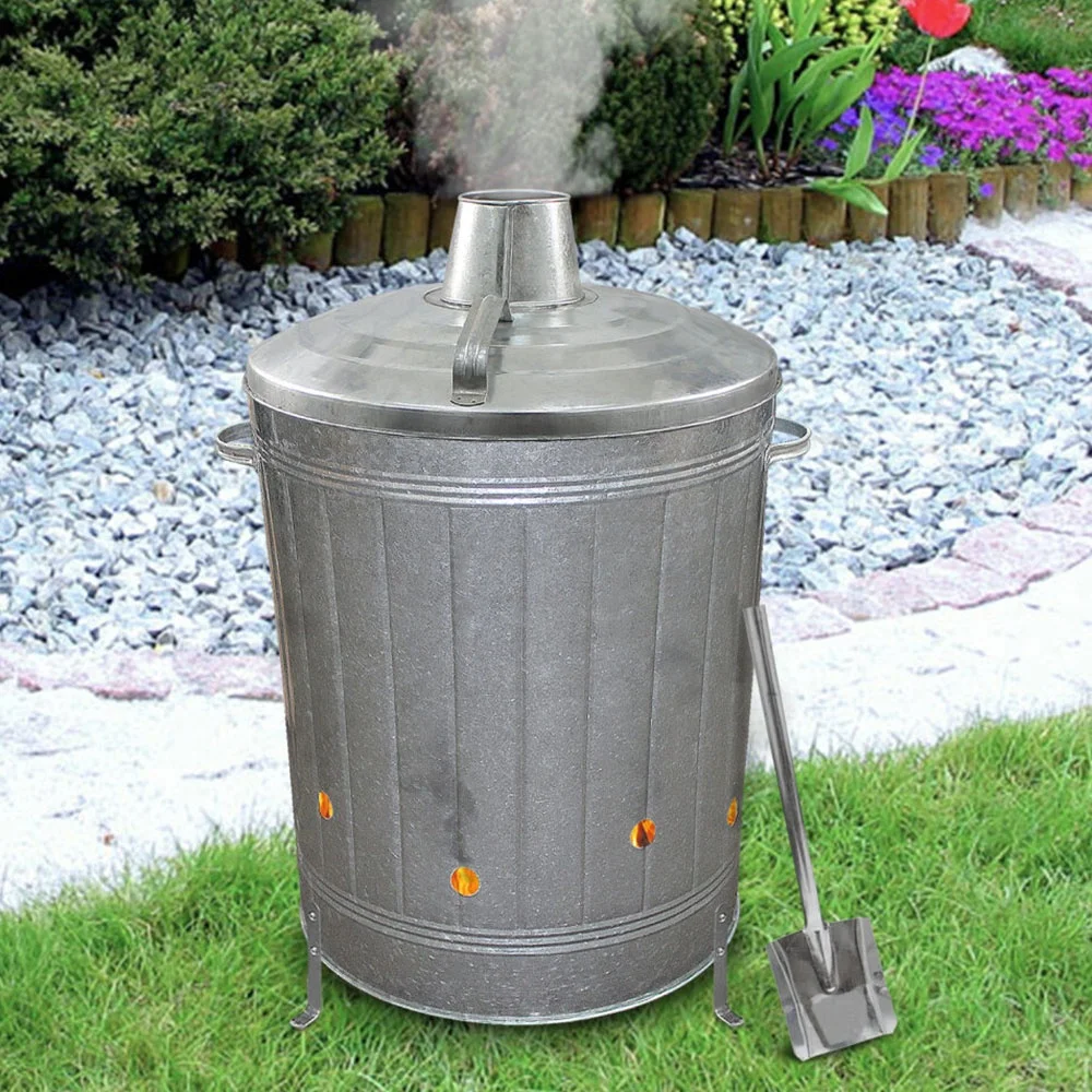 Inceneritore Da Giardino In Acciaio Zincato - 90 Litri, Con Coperchio E Canna Fumaria - Foto 5