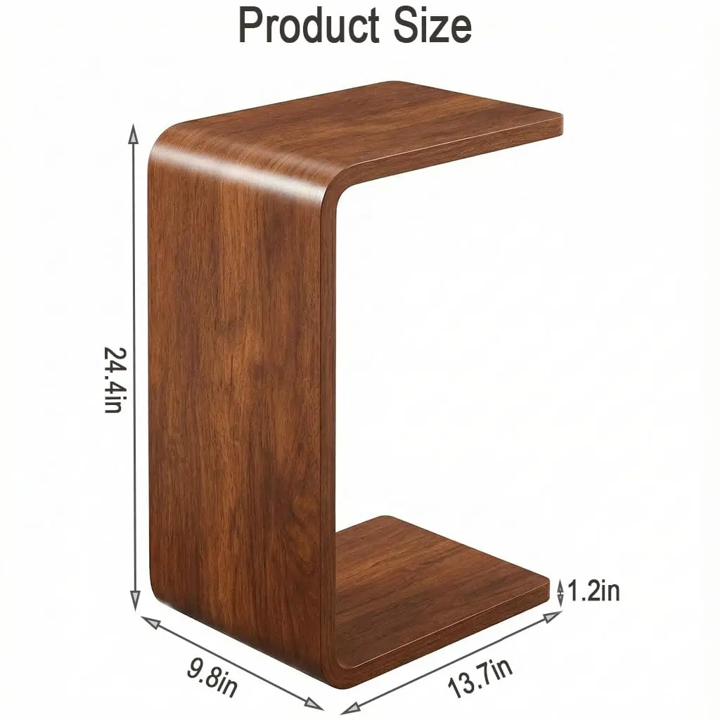 product walnut wood c shaped end table curved slide under couch side table sofa arm snack table for small spaces bedroom living room-4