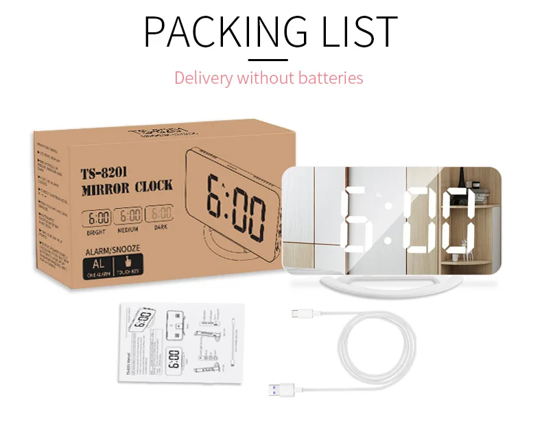 Digital LED Alarm Clock Mirror 2 USB Charger Ports LED Table Clock Snooze Function Adjustable Brightness Desk Clocks