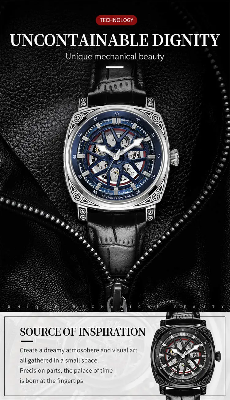 TEVISE  894G Special OEM Men Mechanical Watch ECO Genuine Leather Strap Automatic Hollow Out Luminous Business Watch Company