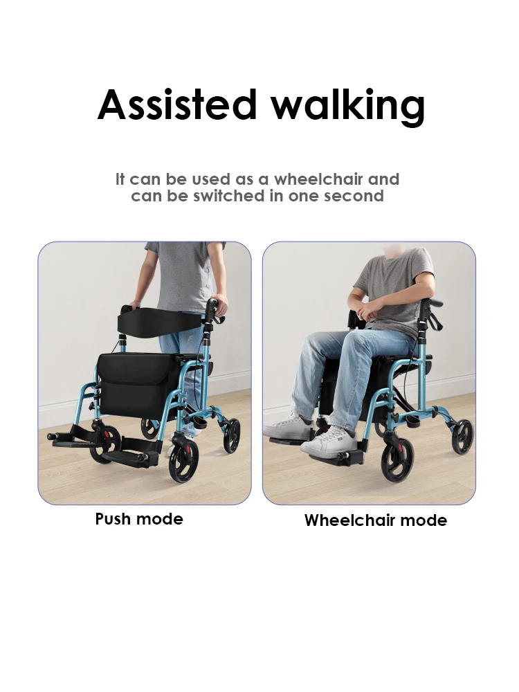 High Quality Hot Selling Aluminum frame Folding Portable Rollator Walker And Wheel Chair With Seat for elderly details