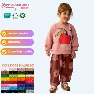 Wholesale Customized Pink/Brown Tomato Sweatshirt and Wide Leg Jogger Set Kids Custom Streetwear Clothing