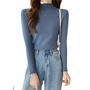 Autumn and Winter New Slim Long-sleeved Bottoming Knit Sweater Ruffled Top Half-high Neck Knitted Pullover Sweater Women