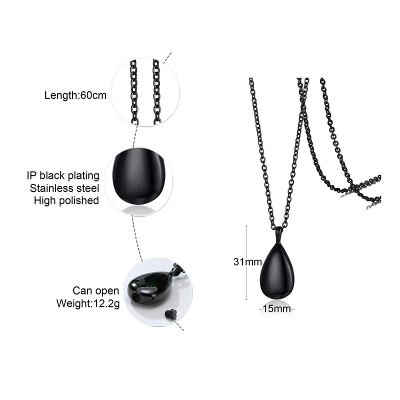Stainless Steel Water Drop Tear Shaped Memorial Keepsake Locket Gift Cremation Ash Urn Pendant Necklace Jewelry for Women