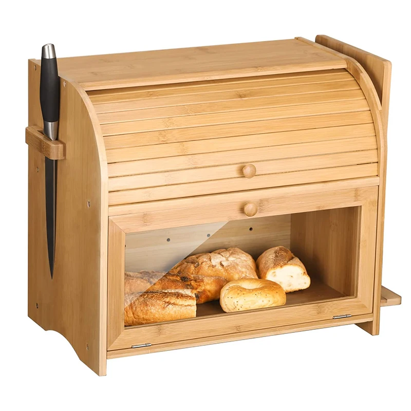 Wholesale Two Layer Large Capacity Bamboo Storage Bin Bread Box with Knife Holder and Cutting Board for Kitchen Counter