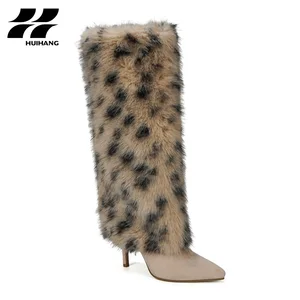 Glamorous Women's High Heel Mid Calf Boots with Leopard Print Faux Fur Cuffs Pointed Toe High Top Design Comfortable for Winter