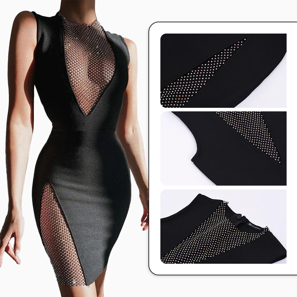 Custom Manufacturer Women Lady Sleeveless Black Diamond Mini Cocktail