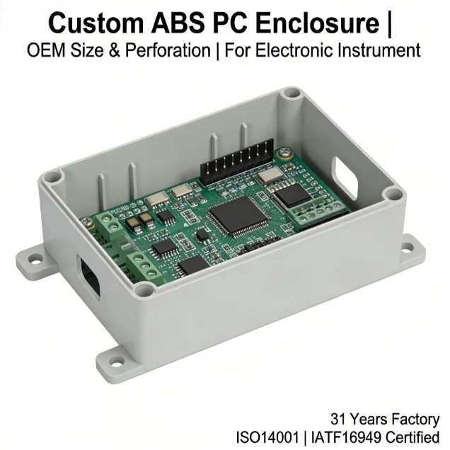Involucro elettronico personalizzato in plastica ABS/PC, scatola di progetto OEM per strumenti elettrici, fabbrica con 31 anni di esperienza certificata ISO 14001 e IATF 16949