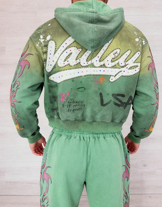 Manufacturers Logo Cropped Distressed Zip up Sweatsuit Rhinestone Streetwear Tracksuit Baggy Flared Sweatpants and Hoodie Sets manufacture