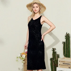 Chiffon Camisole Solid Crocheted Acrylic Layered Sleeveless Vest V-Neck Cover-Up High Waist Breathable Knee-Length A-Line