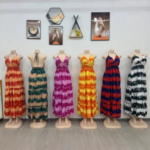 Summer Tie-Dye Women Long Dress Party Beach Wear Summer Sexy V-neck Sleeveless Casual Dress