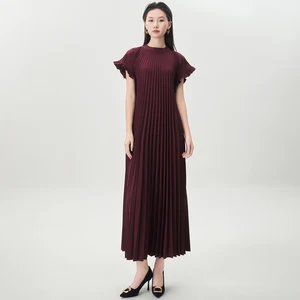 Latest Design Women's Fashion Dress High Quality Short Sleeve Solid Color Casual Dress Miyake Pleated Dress Factory Wholesale